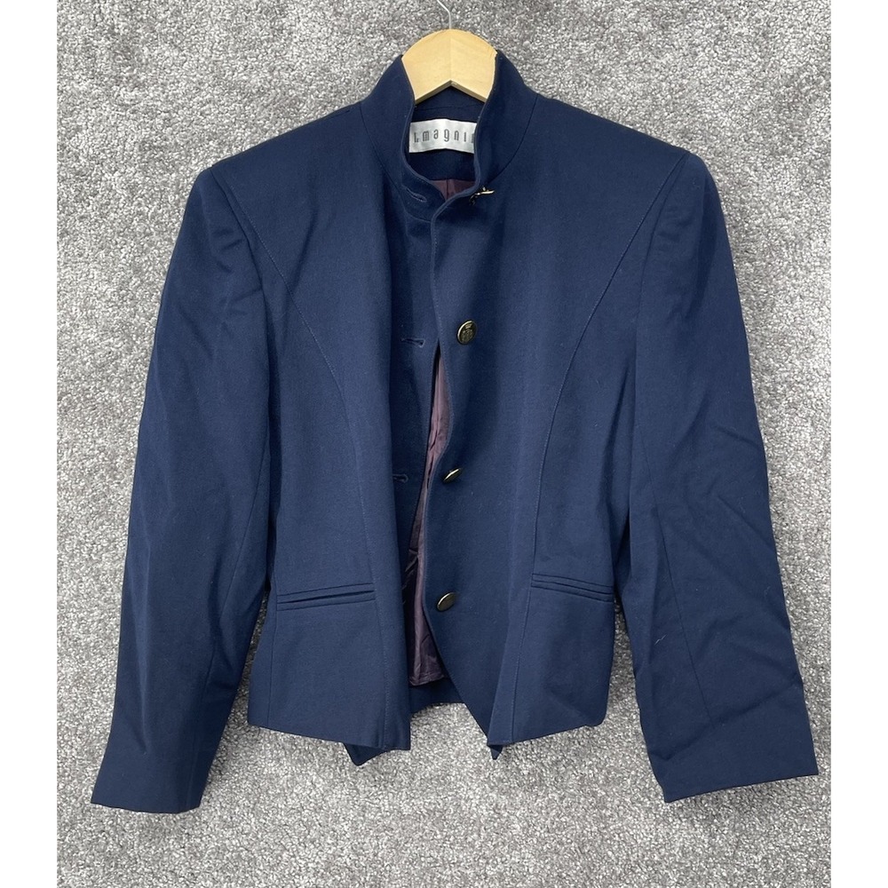 Vintage Imagni Women 100% Wool Mandarin Collar Blazer Jacket Navy Blue Petite M